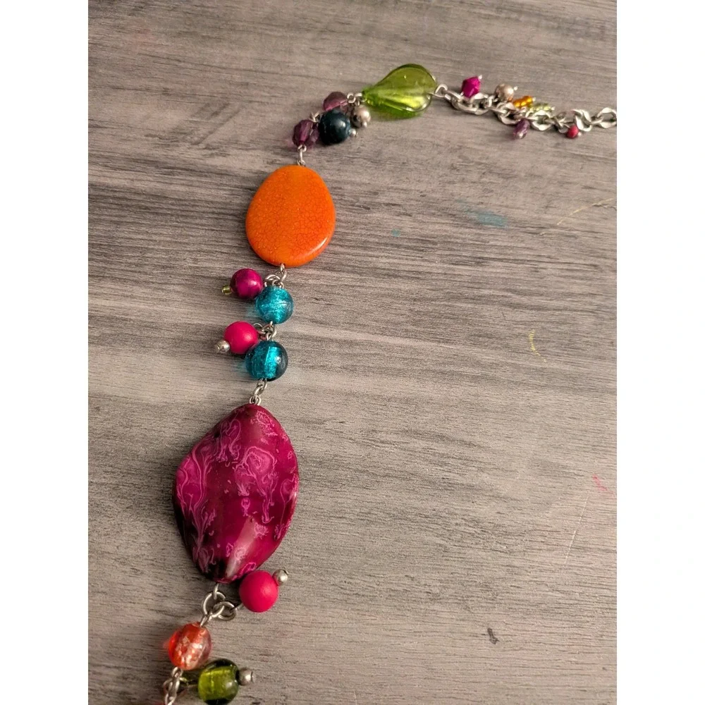 Boho Multi Color Mixed Media Bead Statement Necklace Silver Tone Enamel Pendant